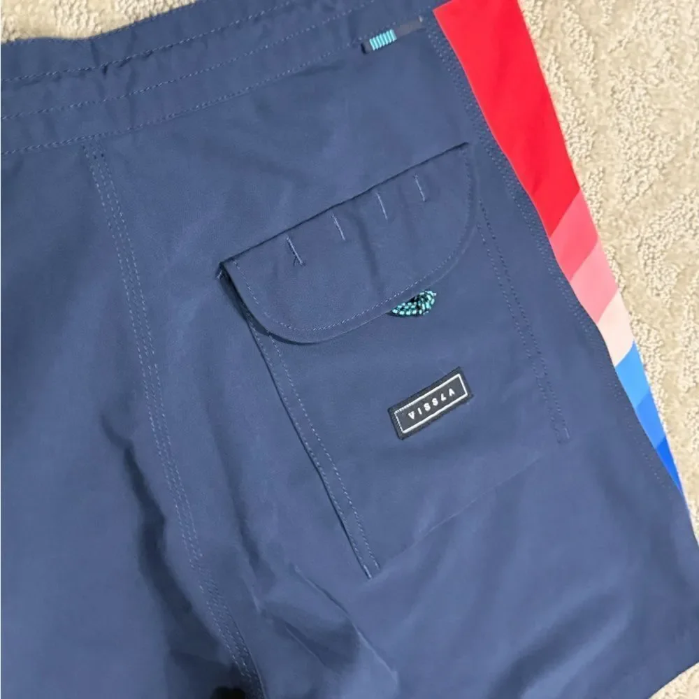 VISSLA Men’s 31 Dark Blue Board Shorts with Red and Blue Rainbow Stripes
